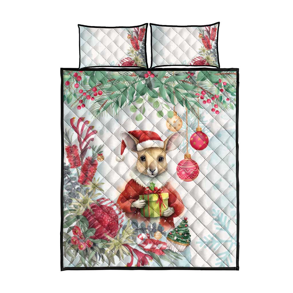 Australia Christmas Quilt Bed Set Kangaroo Santa With Aussie Flower - Watercolor