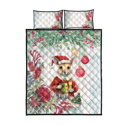 Australia Christmas Quilt Bed Set Kangaroo Santa With Aussie Flower - Watercolor