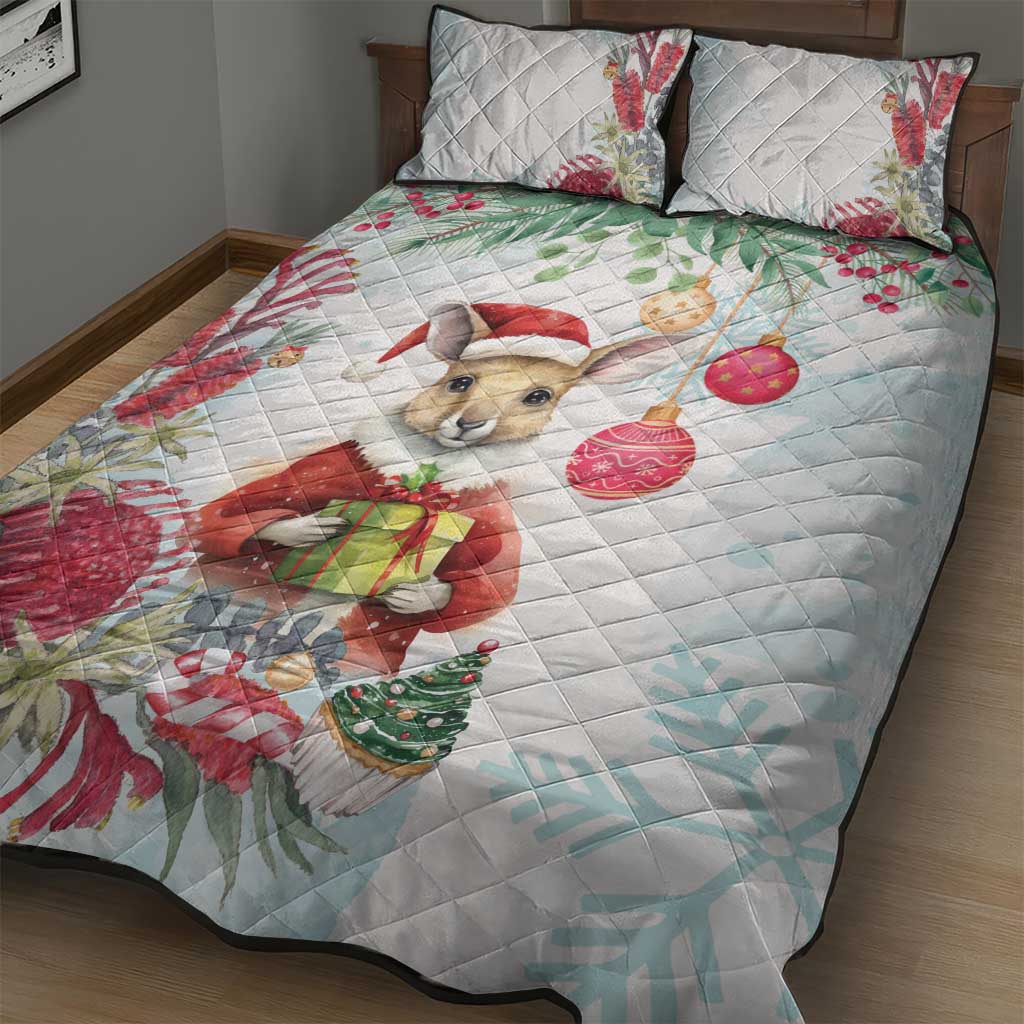 Australia Christmas Quilt Bed Set Kangaroo Santa With Aussie Flower - Watercolor