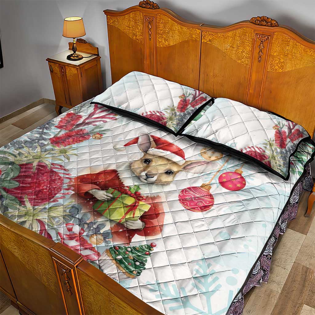 Australia Christmas Quilt Bed Set Kangaroo Santa With Aussie Flower - Watercolor