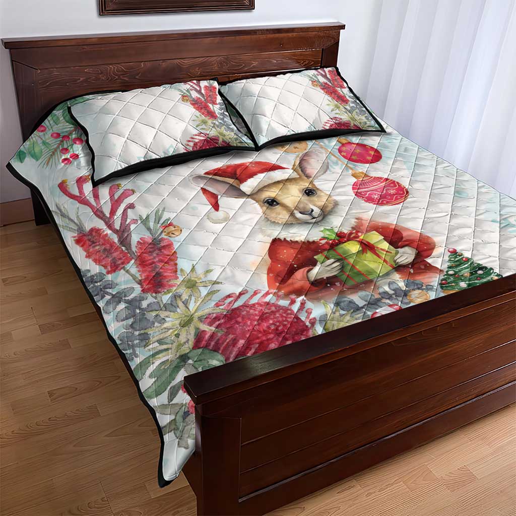 Australia Christmas Quilt Bed Set Kangaroo Santa With Aussie Flower - Watercolor