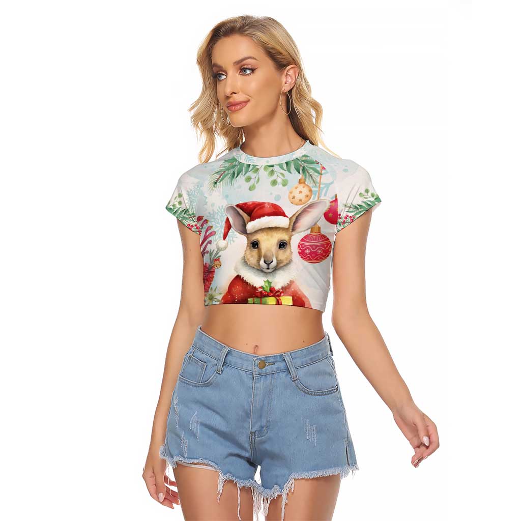 Australia Christmas Raglan Cropped T Shirt Kangaroo Santa With Aussie Flower - Watercolor