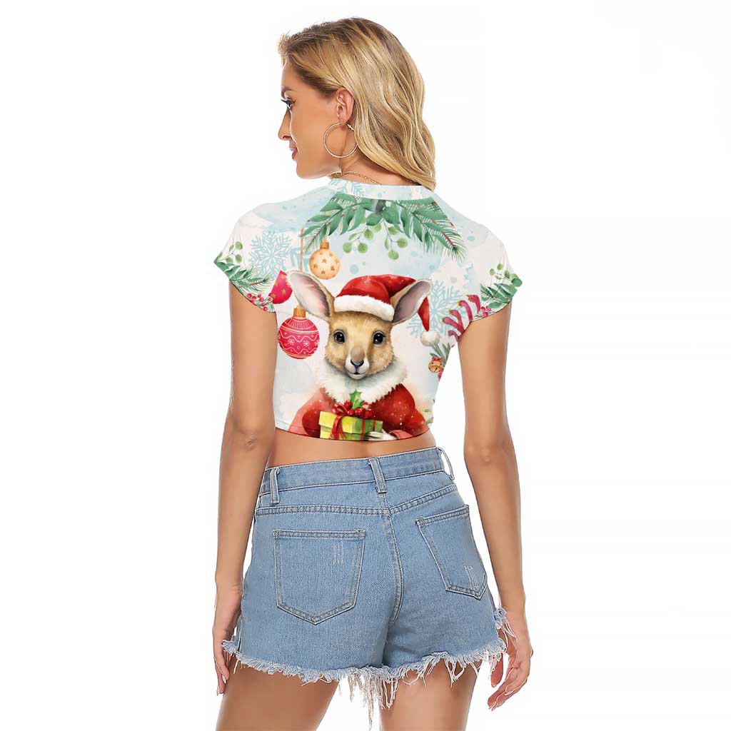 Australia Christmas Raglan Cropped T Shirt Kangaroo Santa With Aussie Flower - Watercolor
