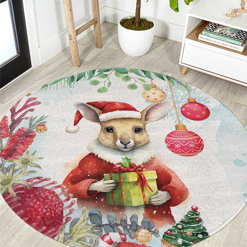 Australia Christmas Round Carpet Kangaroo Santa With Aussie Flower - Watercolor