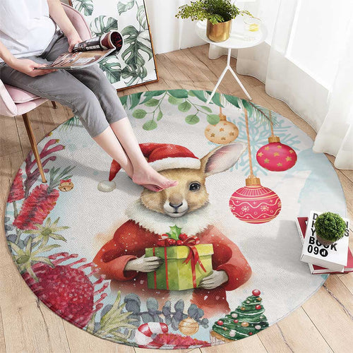 Australia Christmas Round Carpet Kangaroo Santa With Aussie Flower - Watercolor