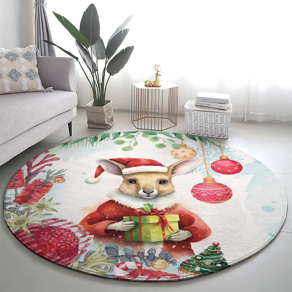 Australia Christmas Round Carpet Kangaroo Santa With Aussie Flower - Watercolor