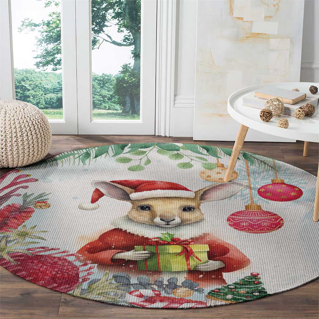 Australia Christmas Round Carpet Kangaroo Santa With Aussie Flower - Watercolor