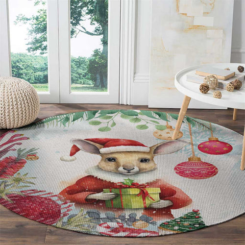 Australia Christmas Round Carpet Kangaroo Santa With Aussie Flower - Watercolor