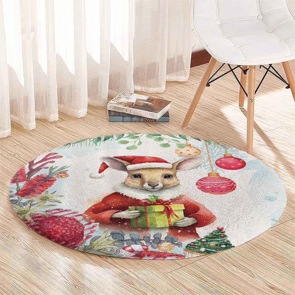 Australia Christmas Round Carpet Kangaroo Santa With Aussie Flower - Watercolor