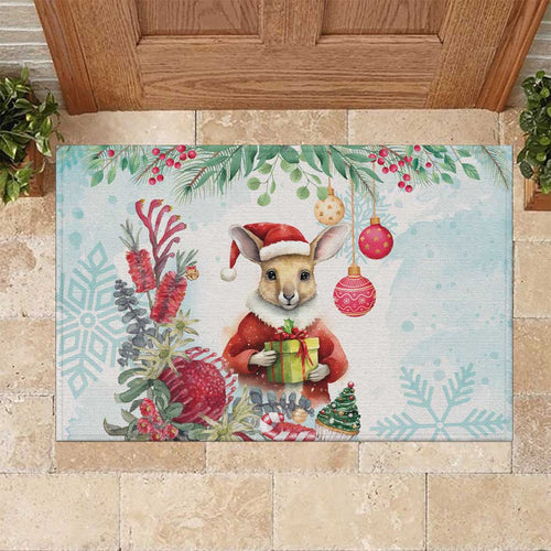 Australia Christmas Rubber Doormat Kangaroo Santa With Aussie Flower - Watercolor