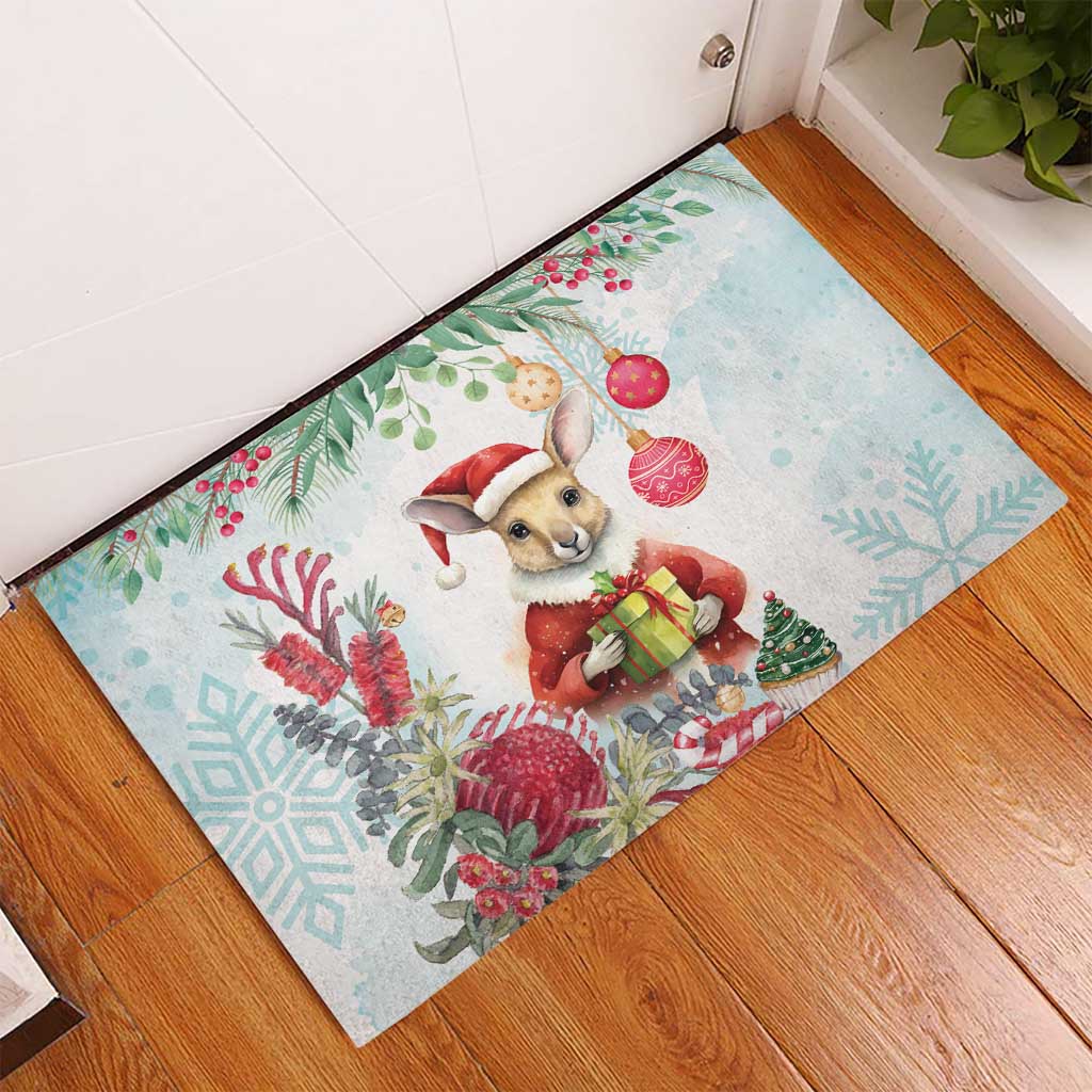 Australia Christmas Rubber Doormat Kangaroo Santa With Aussie Flower - Watercolor