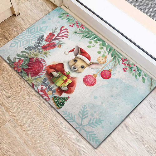 Australia Christmas Rubber Doormat Kangaroo Santa With Aussie Flower - Watercolor