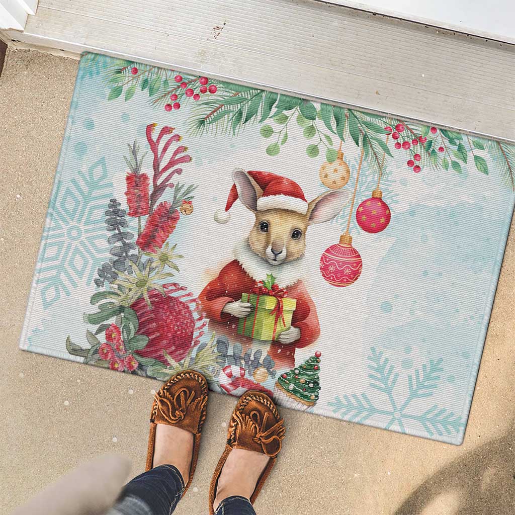 Australia Christmas Rubber Doormat Kangaroo Santa With Aussie Flower - Watercolor