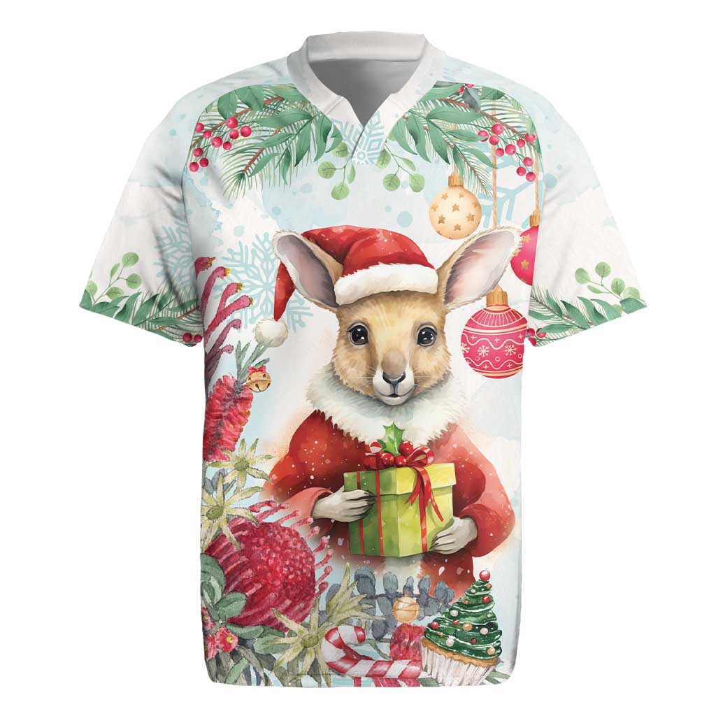 Australia Christmas Rugby Jersey Kangaroo Santa With Aussie Flower - Watercolor