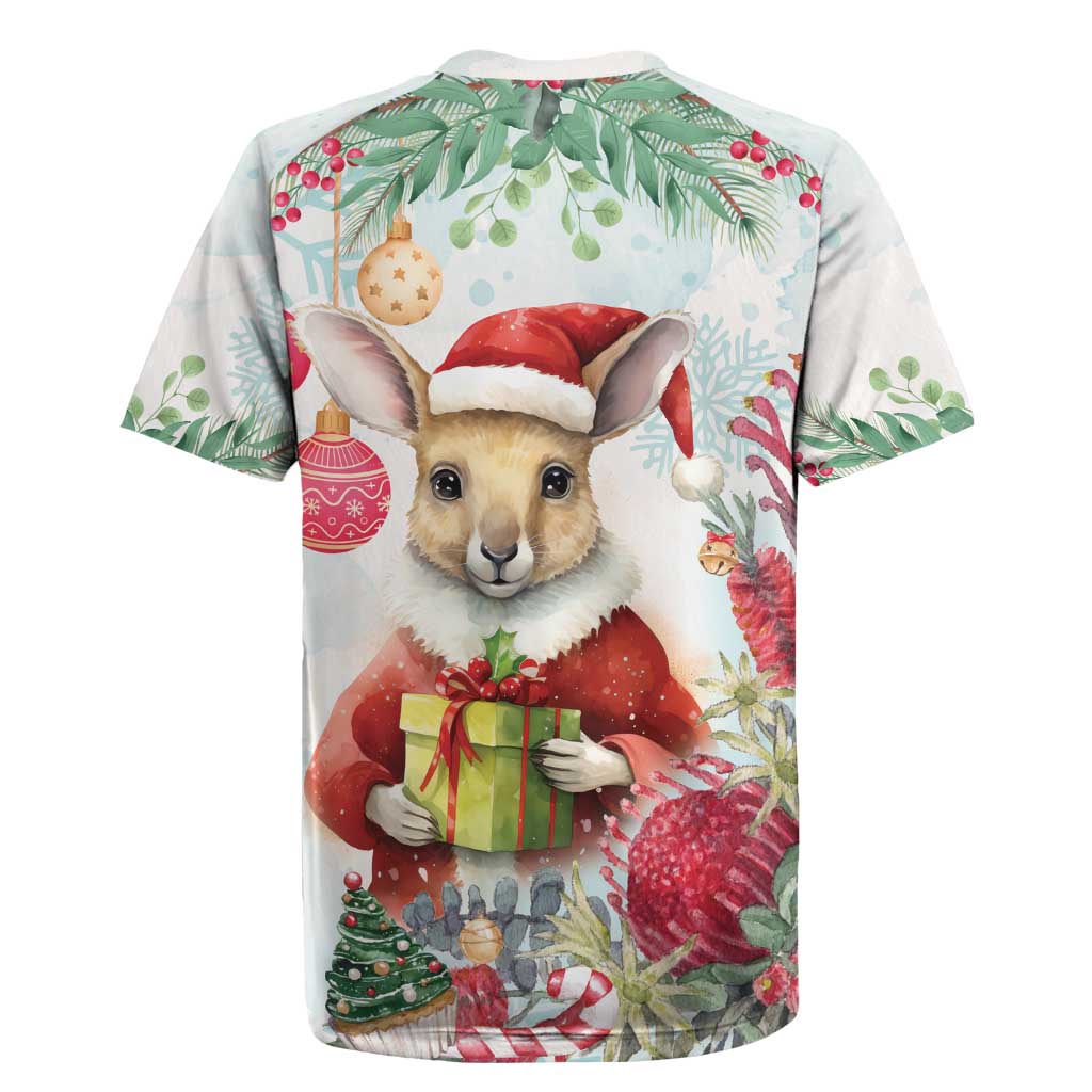Australia Christmas Rugby Jersey Kangaroo Santa With Aussie Flower - Watercolor