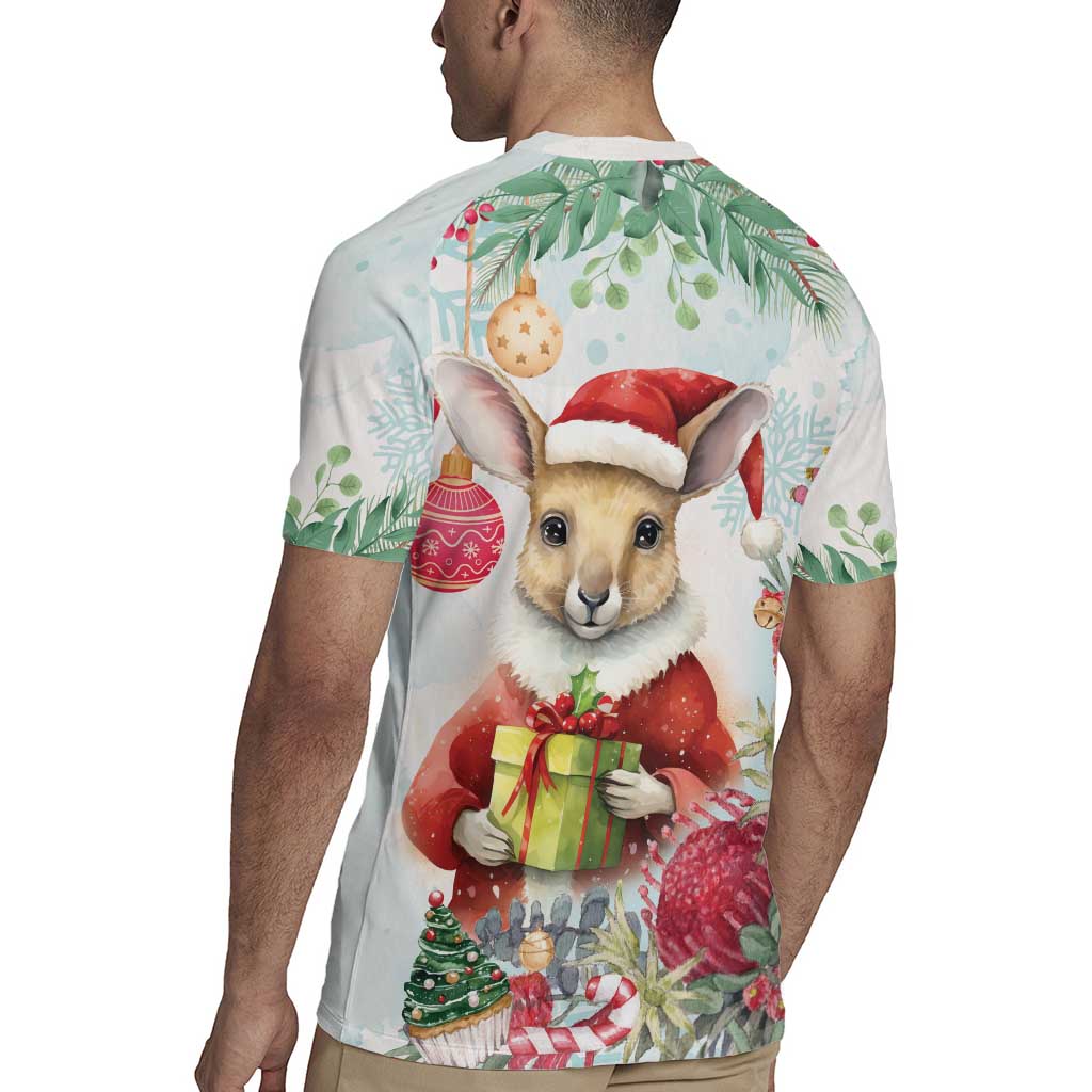 Australia Christmas Rugby Jersey Kangaroo Santa With Aussie Flower - Watercolor