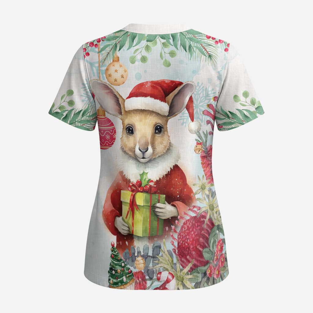 Australia Christmas Scrub Top Kangaroo Santa With Aussie Flower - Watercolor - Aussie Hoodie