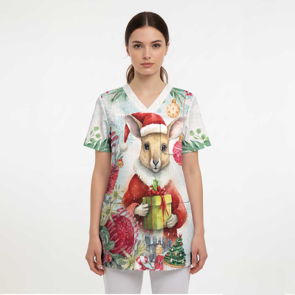 Australia Christmas Scrub Top Kangaroo Santa With Aussie Flower - Watercolor - Aussie Hoodie