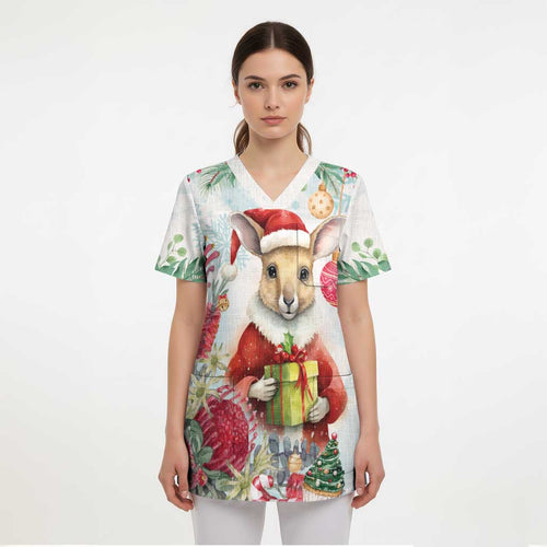 Australia Christmas Scrub Top Kangaroo Santa With Aussie Flower - Watercolor - Aussie Hoodie
