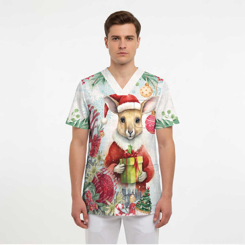 Australia Christmas Scrub Top Kangaroo Santa With Aussie Flower - Watercolor - Aussie Hoodie