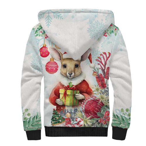 Australia Christmas Sherpa Hoodie Kangaroo Santa With Aussie Flower - Watercolor