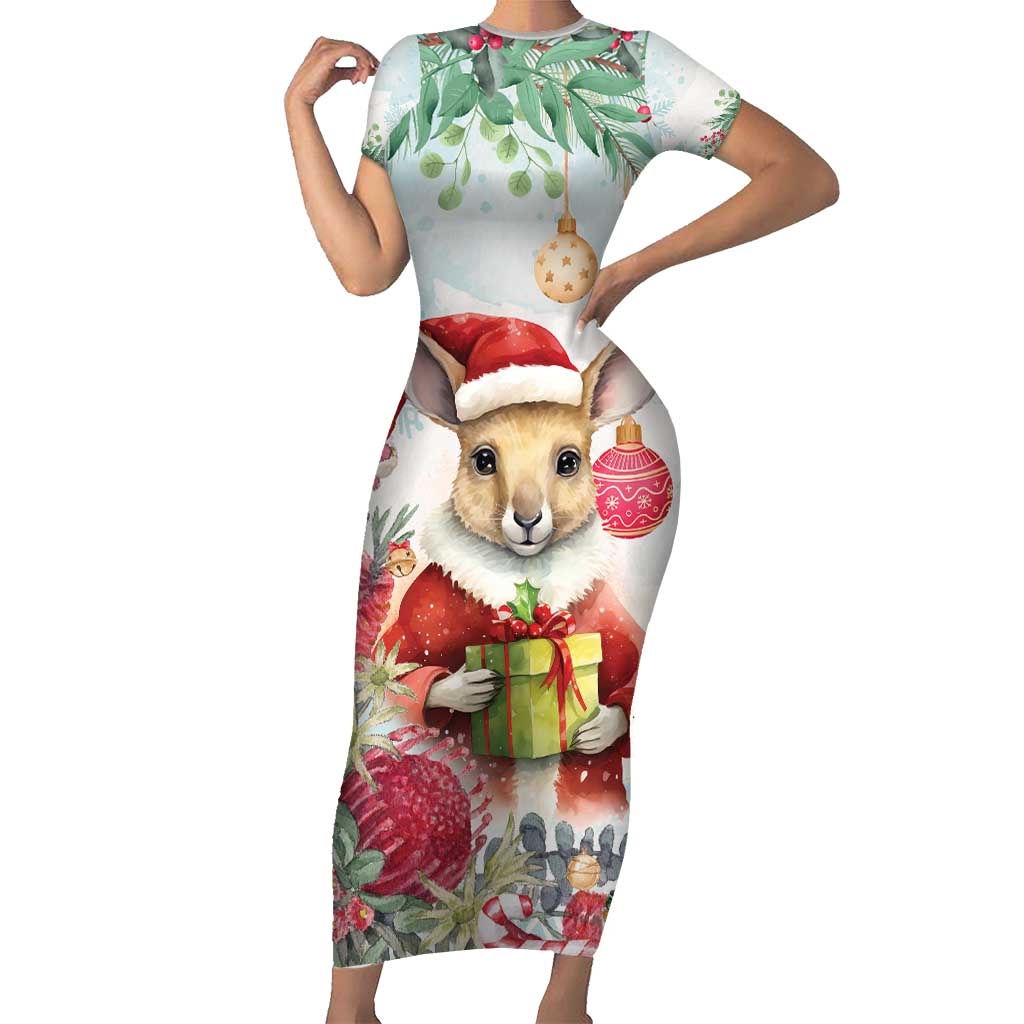 Australia Christmas Short Sleeve Bodycon Dress Kangaroo Santa With Aussie Flower - Watercolor