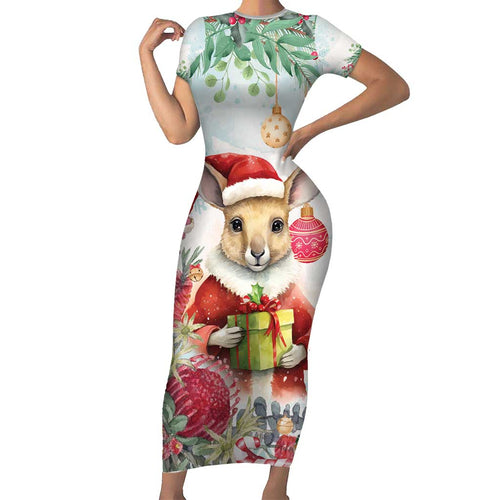 Australia Christmas Short Sleeve Bodycon Dress Kangaroo Santa With Aussie Flower - Watercolor