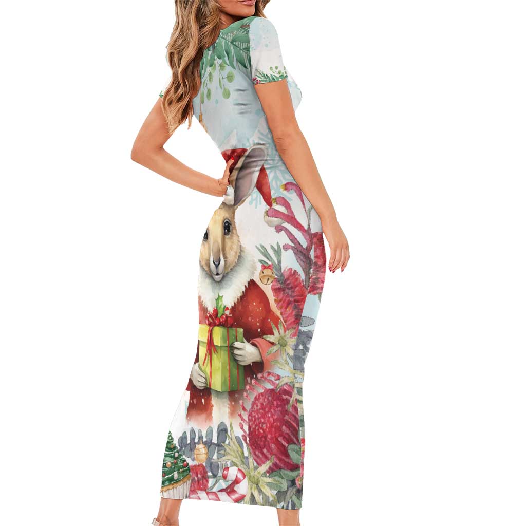 Australia Christmas Short Sleeve Bodycon Dress Kangaroo Santa With Aussie Flower - Watercolor