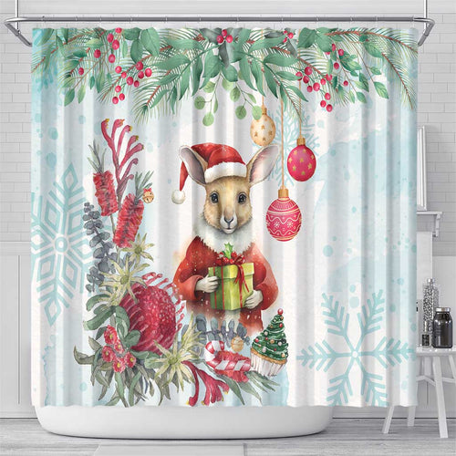 Australia Christmas Shower Curtain Kangaroo Santa With Aussie Flower - Watercolor