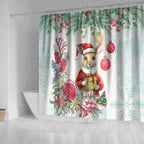 Australia Christmas Shower Curtain Kangaroo Santa With Aussie Flower - Watercolor