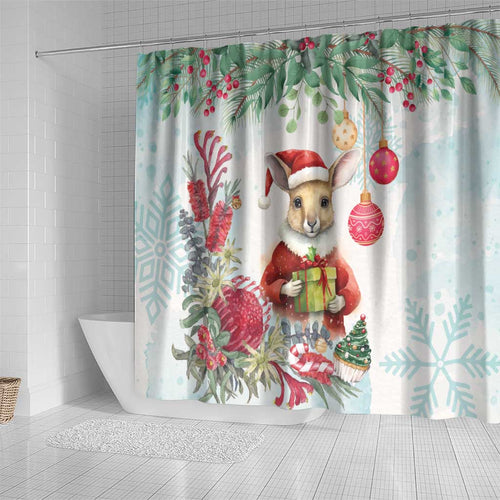 Australia Christmas Shower Curtain Kangaroo Santa With Aussie Flower - Watercolor