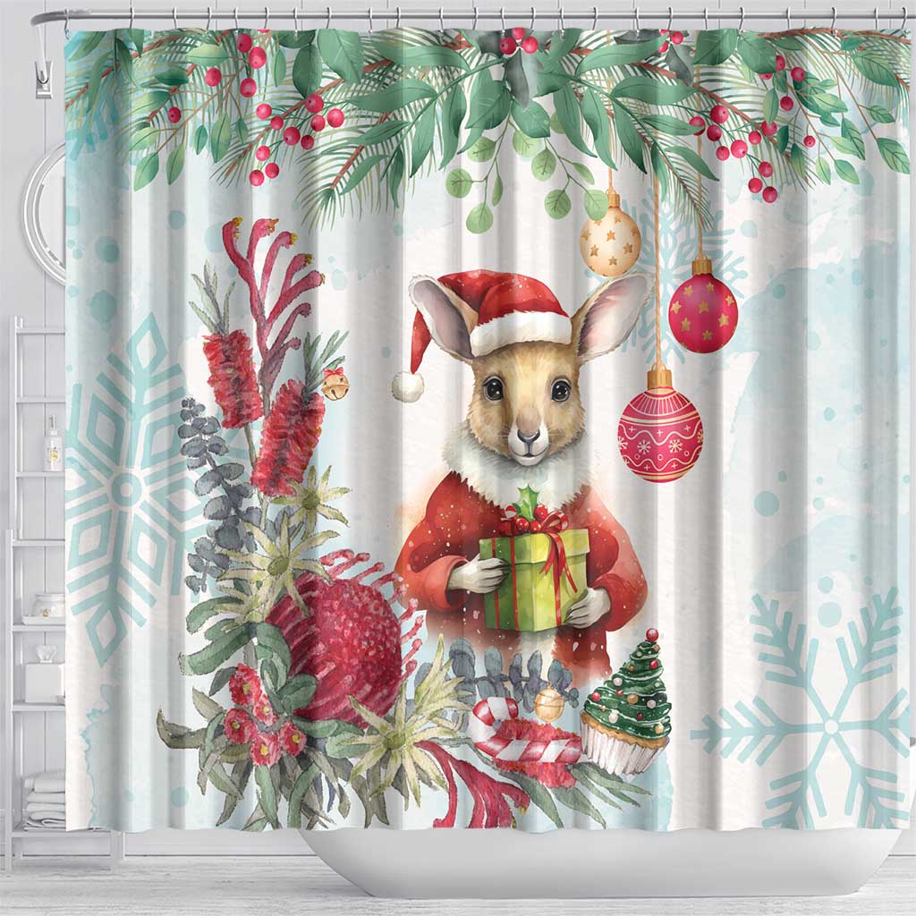 Australia Christmas Shower Curtain Kangaroo Santa With Aussie Flower - Watercolor