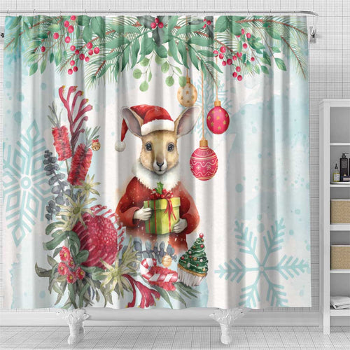 Australia Christmas Shower Curtain Kangaroo Santa With Aussie Flower - Watercolor