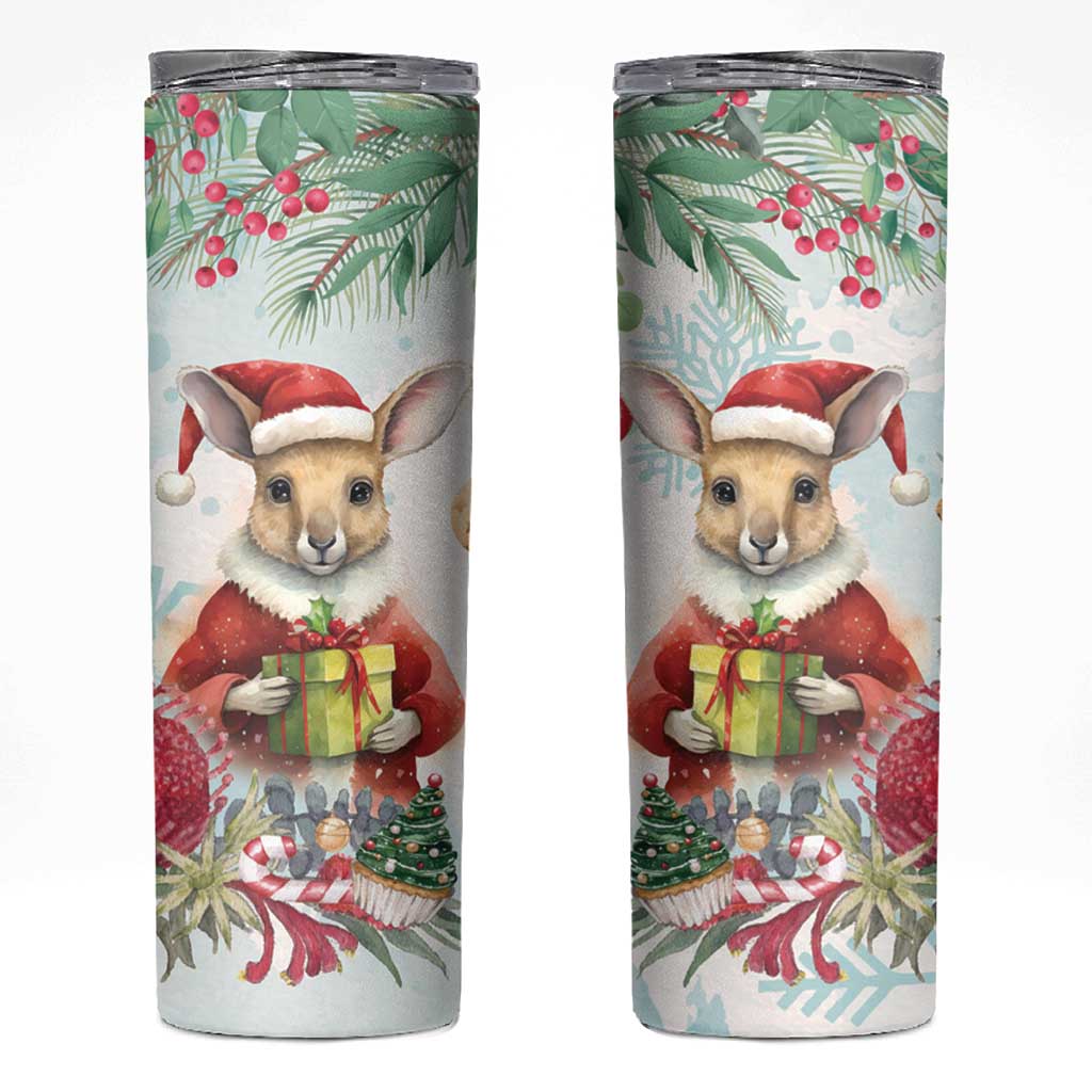 Australia Christmas Skinny Tumbler Kangaroo Santa With Aussie Flower - Watercolor