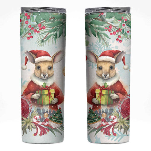 Australia Christmas Skinny Tumbler Kangaroo Santa With Aussie Flower - Watercolor