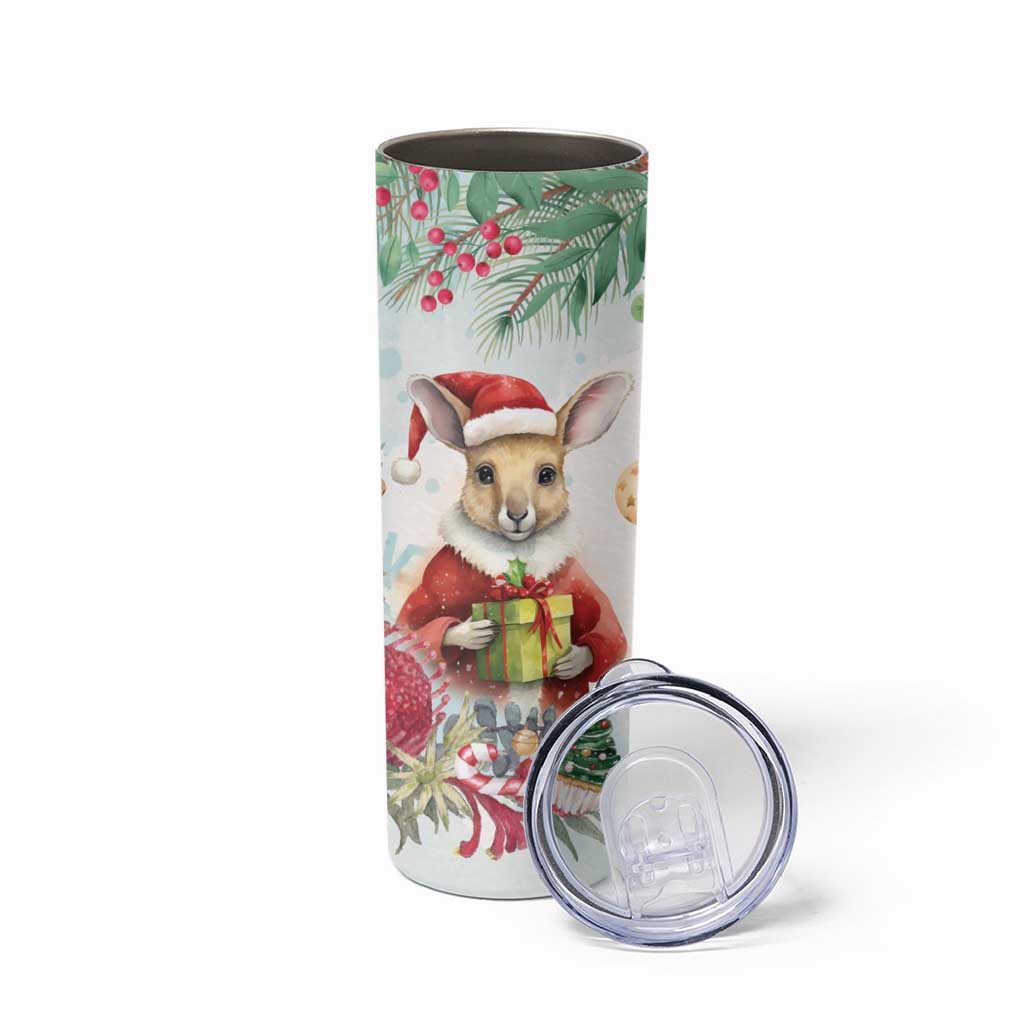 Australia Christmas Skinny Tumbler Kangaroo Santa With Aussie Flower - Watercolor