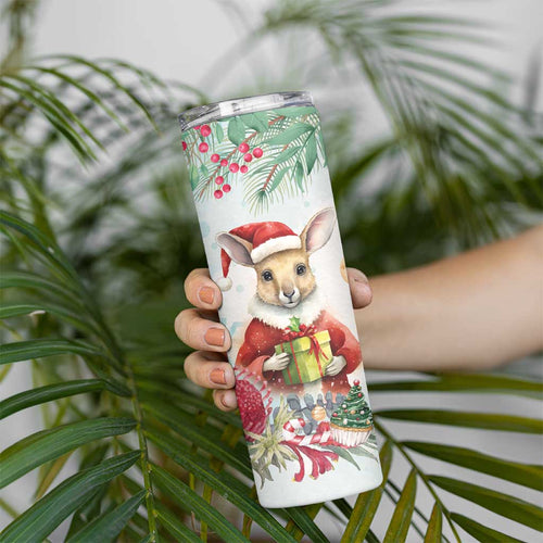 Australia Christmas Skinny Tumbler Kangaroo Santa With Aussie Flower - Watercolor