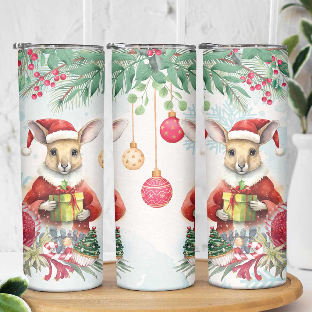 Australia Christmas Skinny Tumbler Kangaroo Santa With Aussie Flower - Watercolor