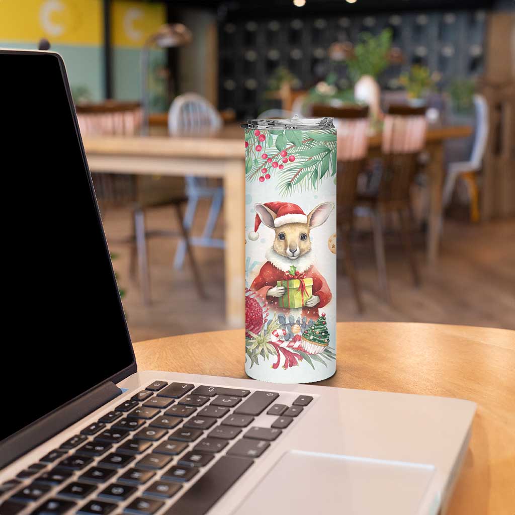 Australia Christmas Skinny Tumbler Kangaroo Santa With Aussie Flower - Watercolor