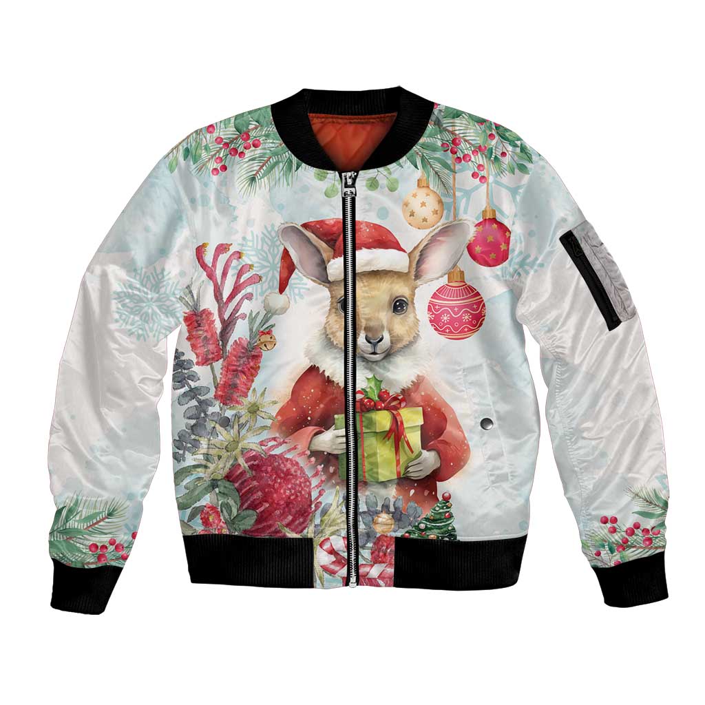 Australia Christmas Sleeve Zip Bomber Jacket Kangaroo Santa With Aussie Flower - Watercolor