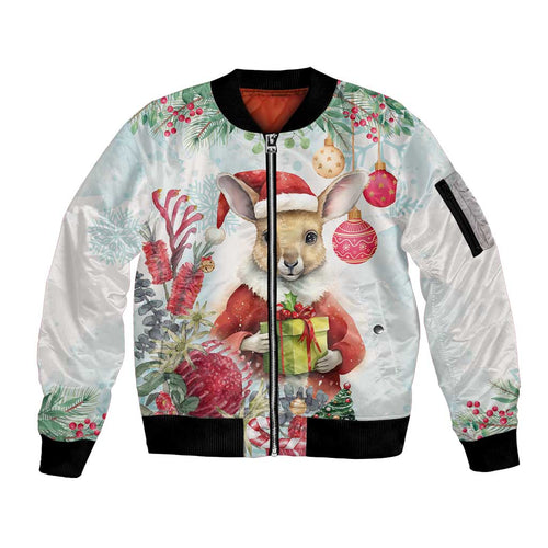 Australia Christmas Sleeve Zip Bomber Jacket Kangaroo Santa With Aussie Flower - Watercolor