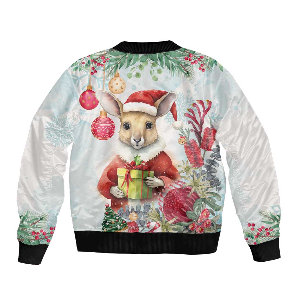 Australia Christmas Sleeve Zip Bomber Jacket Kangaroo Santa With Aussie Flower - Watercolor