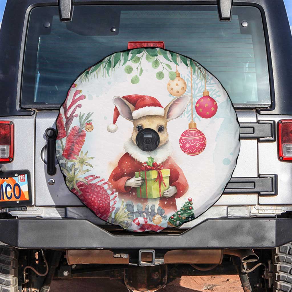 Australia Christmas Spare Tire Cover Kangaroo Santa With Aussie Flower - Watercolor