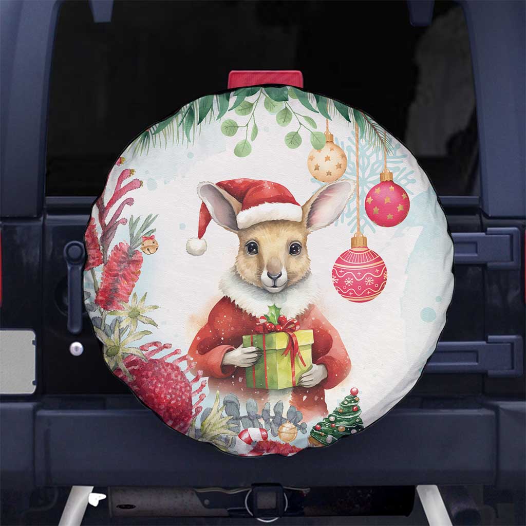 Australia Christmas Spare Tire Cover Kangaroo Santa With Aussie Flower - Watercolor