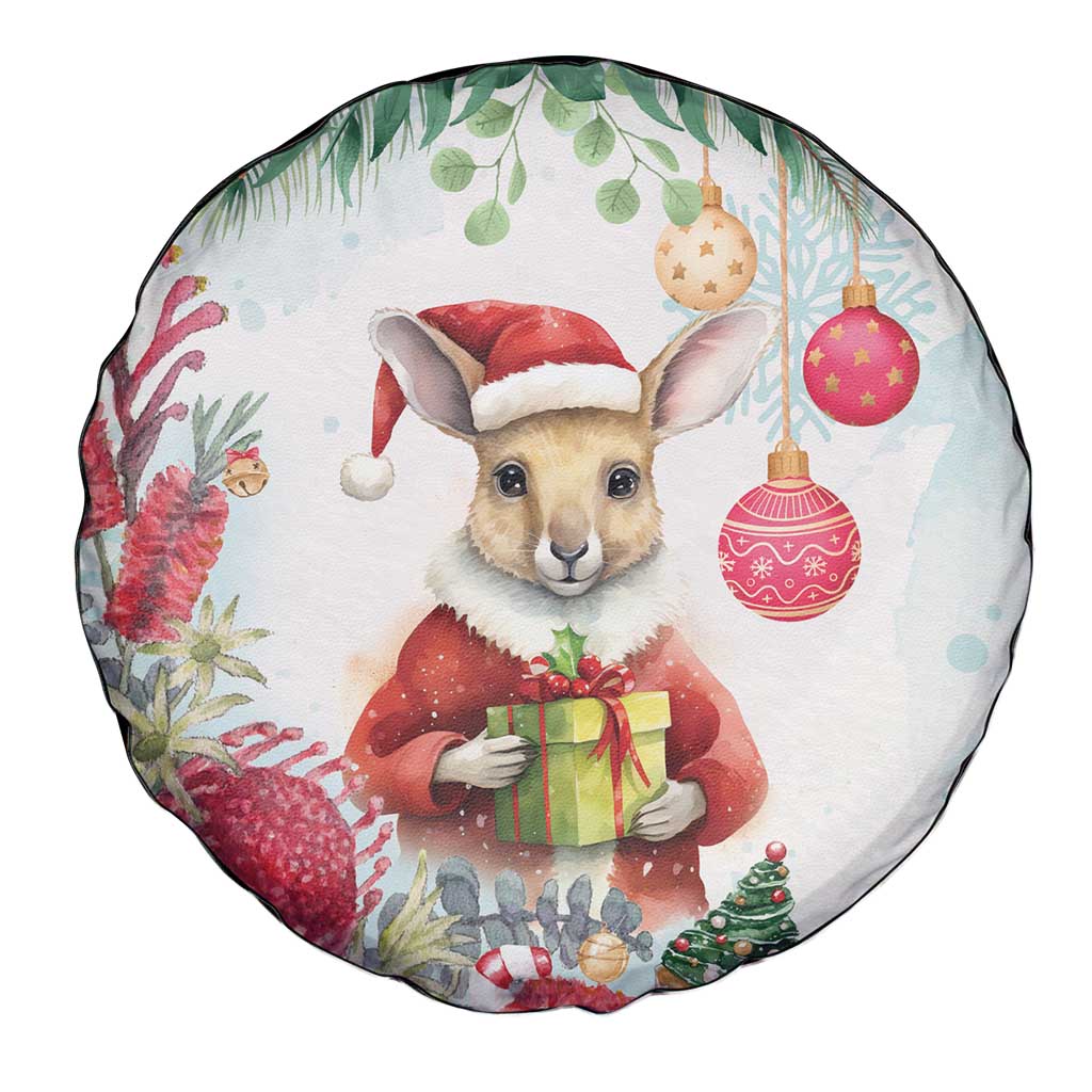 Australia Christmas Spare Tire Cover Kangaroo Santa With Aussie Flower - Watercolor