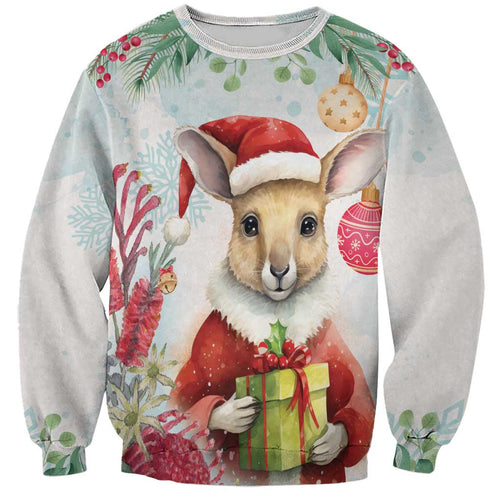 Australia Christmas Sweatshirt Kangaroo Santa With Aussie Flower - Watercolor
