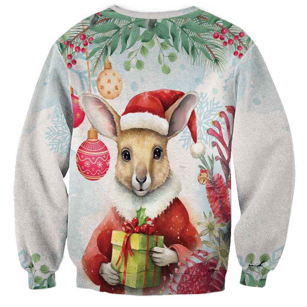 Australia Christmas Sweatshirt Kangaroo Santa With Aussie Flower - Watercolor
