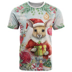 Australia Christmas T Shirt Kangaroo Santa With Aussie Flower - Watercolor
