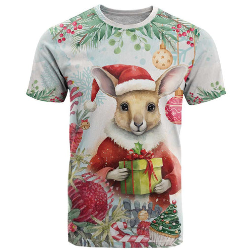 Australia Christmas T Shirt Kangaroo Santa With Aussie Flower - Watercolor