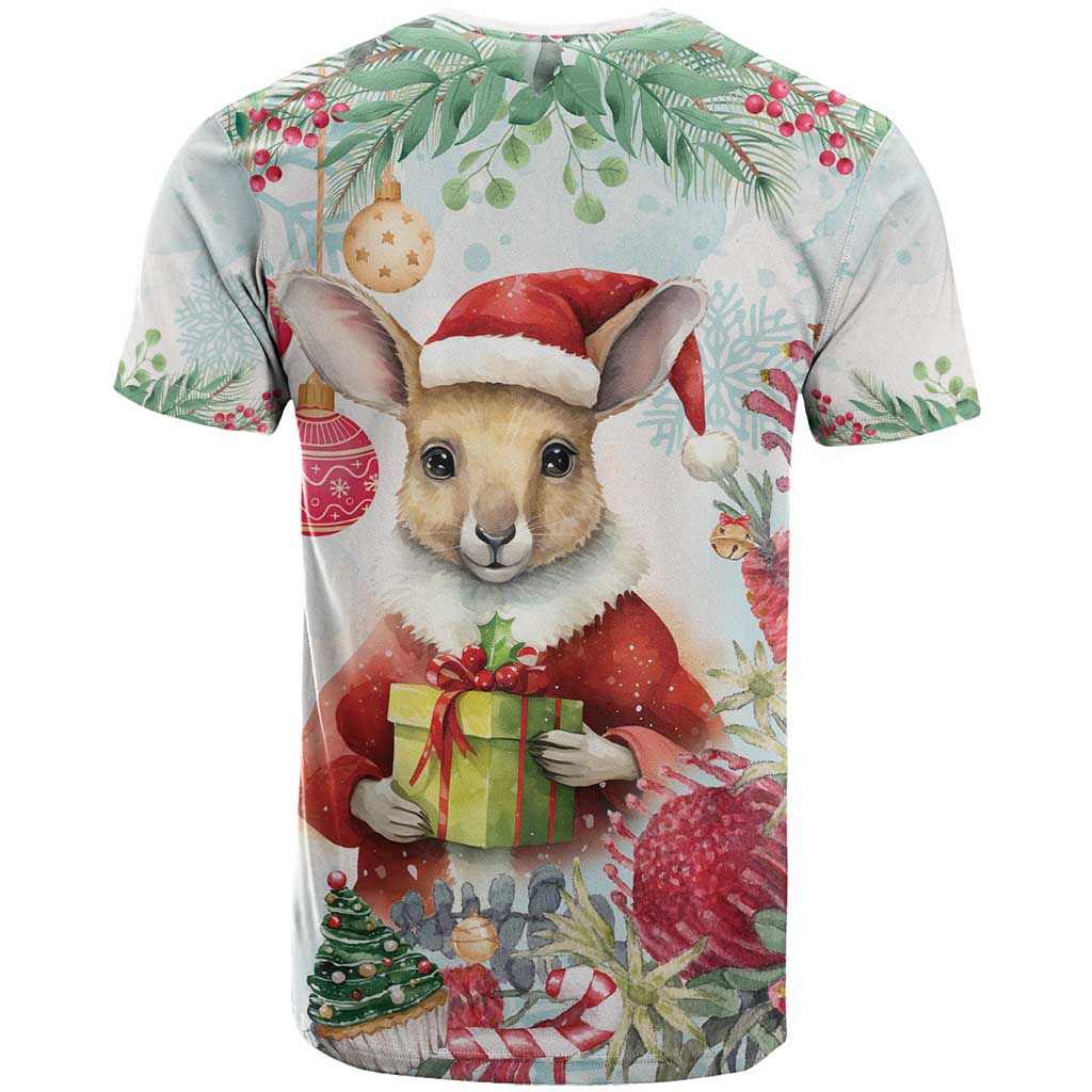 Australia Christmas T Shirt Kangaroo Santa With Aussie Flower - Watercolor